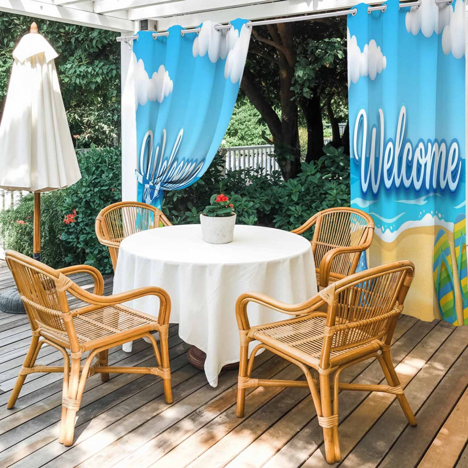 Welcome Summer Beach Outdoor Curtains for Patio, Coastal Watercolor Blue Ocean Starfish Shell Slipper Sunshade Privacy Drapes Grommet Waterproof Outside Curtains for Porch Balcony 54"x108", 1 Panel