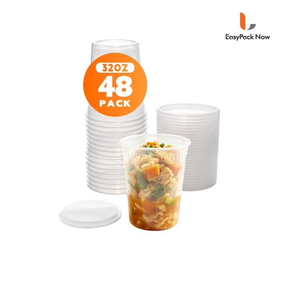 EasyPack Now 32 oz Plastic Deli Food Storage Containers with Lids, 48 Pack, Leakproof Airtight, BPA Free, Microwave Freezer Dishwasher Safe