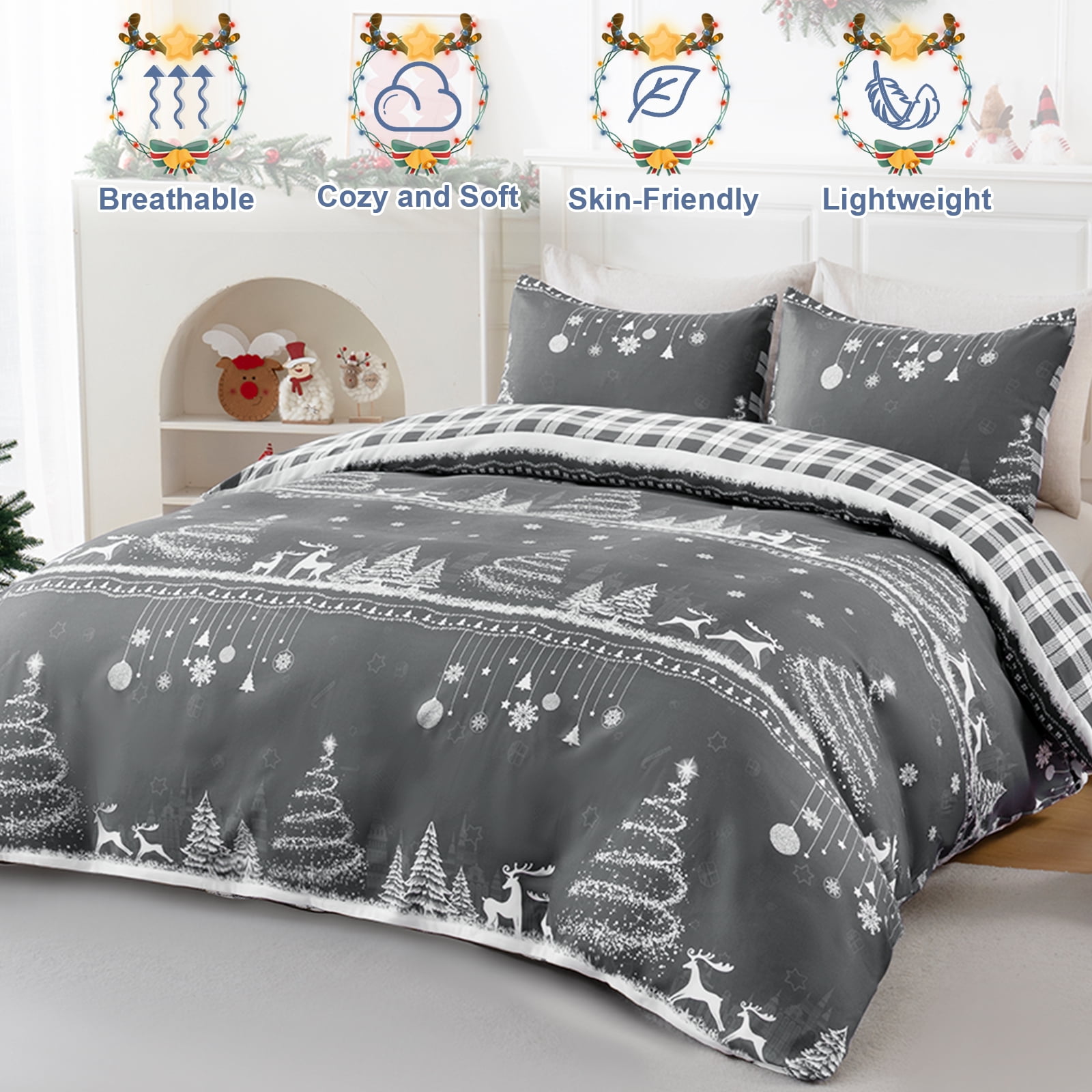 BLEUM CADE Christmas Queen Comforter Set Suit Christmas Tree & Deer Plaid Duvet Cover Set 3 - Piece Bed for Bedroom Set