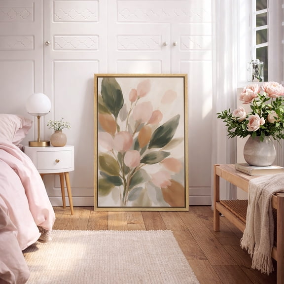 Framed Canvas Wall Art Soft Abstract Botanical Leaves Print for Living Room Decoration - 16"x24" NATURAL
