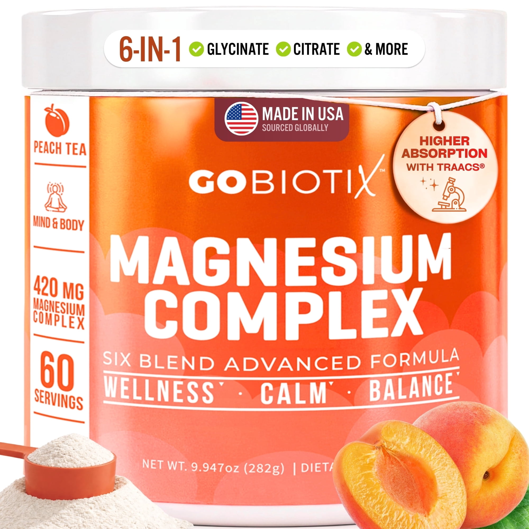 GoBiotix Magnesium Complex Powder with Magnesium Glycinate & Citrate, Peach Tea Flavor, 60 Servings