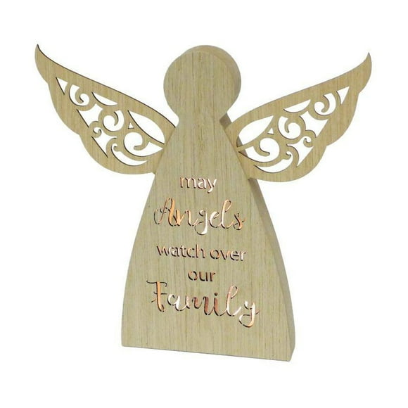10" Wood Veneer Angel Shaped Led "May Angels Watch Over Our Family" Night Light