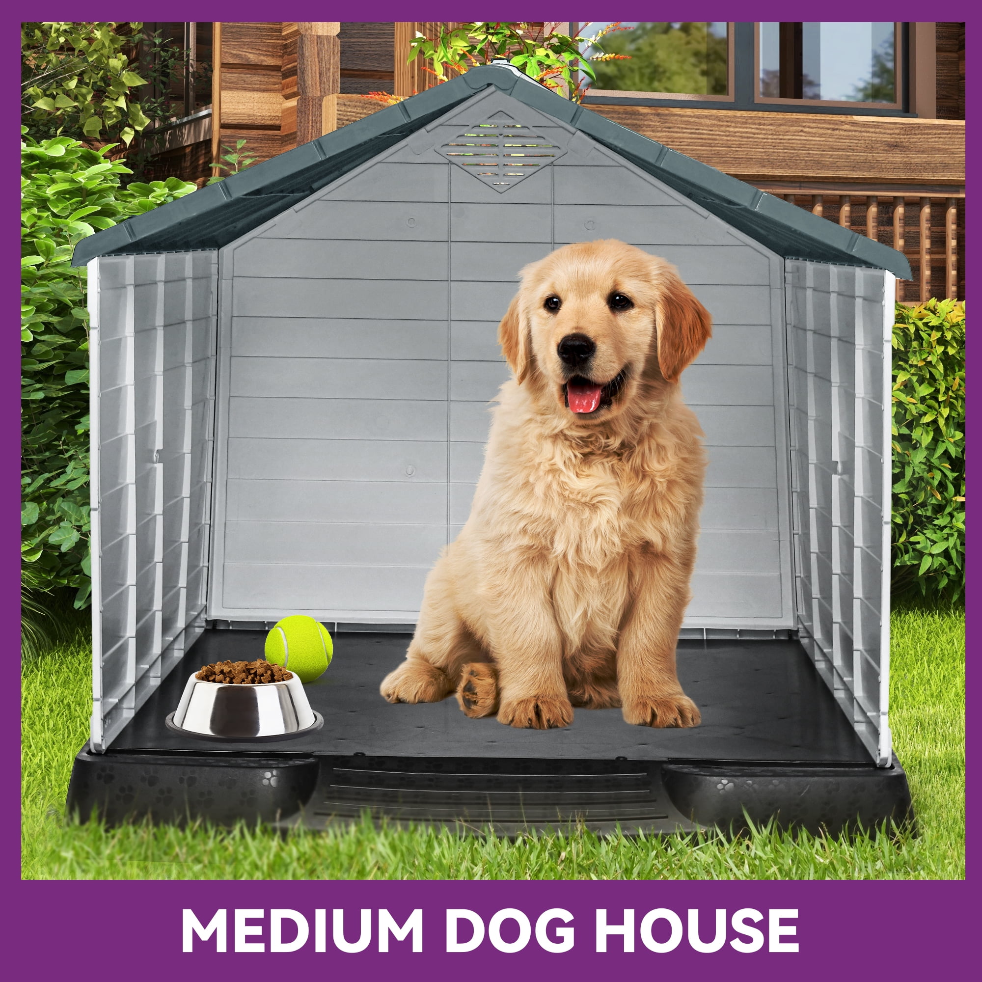 Dextrus Large Plastic Dog House Outdoor Indoor Dog Puppy Shelter Water Resistant with Air Vents and Elevated Floor(28.5'L*26''W*28''H, Gray)