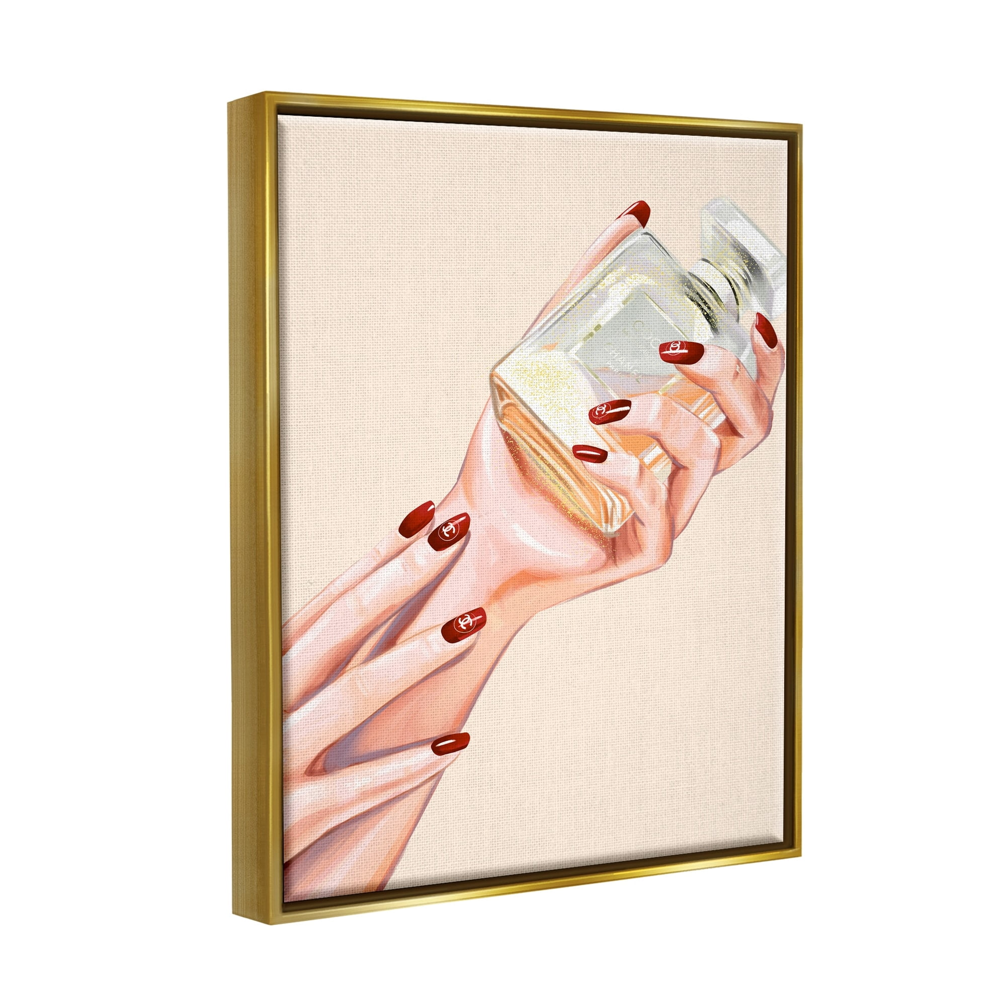 Stupell Industries Chic Red Nail Polish Holding Perfume Bottle Metallic Gold Framed Floating Canvas Wall Art, 24x30, by Ziwei Li