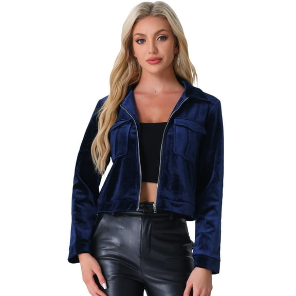 DARING DIVA Cropped Velvet Long Sleeve Zip Up Jacket XS Royal Blue