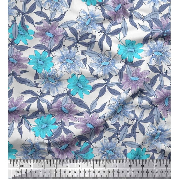 Soimoi Green Cotton Duck Fabric Leaves & Cosmos Floral Print Fabric by Yard 42 Inch Wide