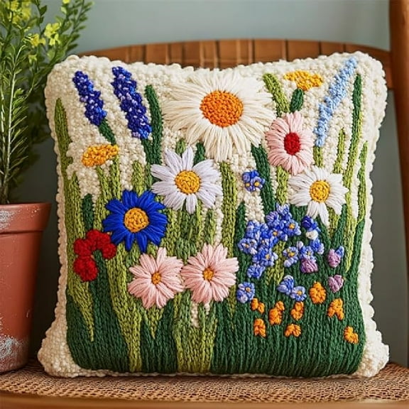 DIY Latch Hook Pillow Kits Printed Pillowcase Hooking Handmade Pillow Cover Cushion 17x17inch - Beautiful flowers