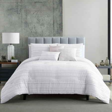 Riverbrook Home 6 pc Comforter Set, Queen, White/Gray, Boston, Clipped Jacquard, Polyfil