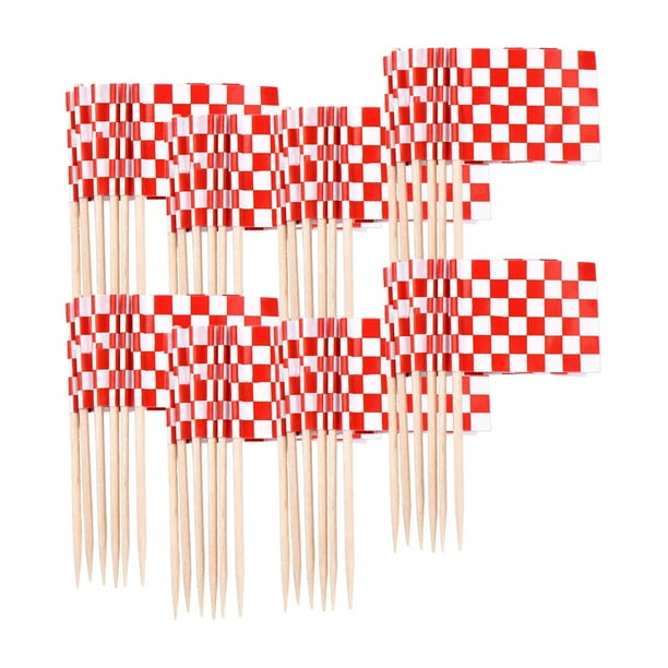 100 mini palillos de dientes con forma de bandera, accesorios para aperitivos, manualidades, fiestas, cupcakes. rojo blanco