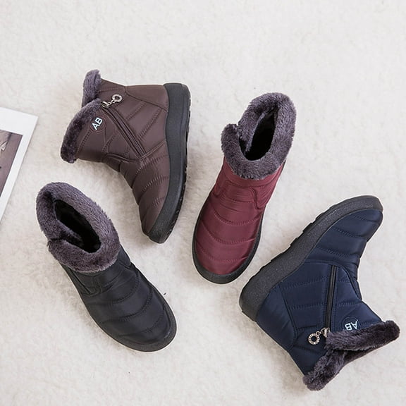 Womens Snow Boots Flat Heel Round Toe Waterproof Slip-on Womens Fuzzy Warm Fur Lined Ankle Booties Shoes Black 39