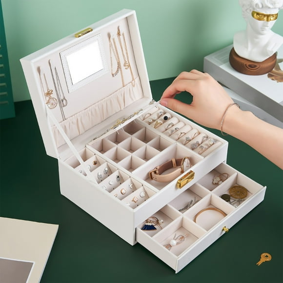 Vaidha Jewelry Box With Lock And Mirror Jewelry Organizer Storage Case With 2-Layers Display For Earrings Bracelets Rings Watches