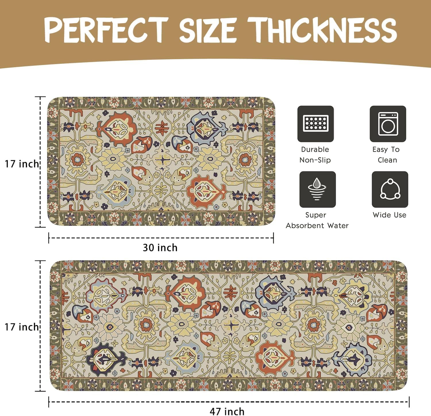 Boho Kitchen Mat Set of 2,Vintage Floral Kitchen Rugs and Mats Non Skid Washable,Bohemia Farmhouse Runner Rugs with Rubber Backing for Kitchen Decor Accessories (17"x47"+17"x30")