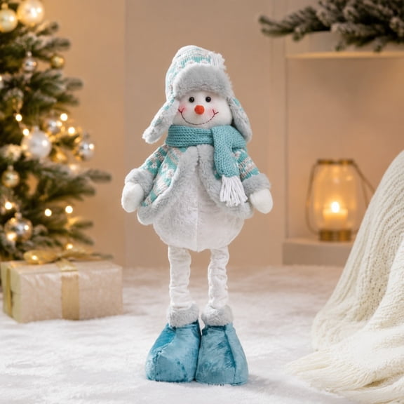 Blue snowman Standing Figure, Telescoping Christmas Doll Decor, Vintage Plaid Fabric Stretchable Figures, for Xmas Tree Home Party Festive Decor Christmas New Year Gift, Holiday Display Collection