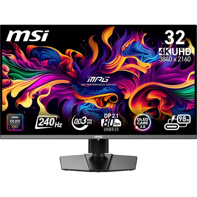 MSI 32" (31,5" Visible) 240 Hz QD-OLED UHD Monitor de Juegos FreeSync (AMD Adaptive Sync) 3840 x 2160 (4K), 1 Puerto de Pantalla 2.1a, MPG 322URX QD-OLED