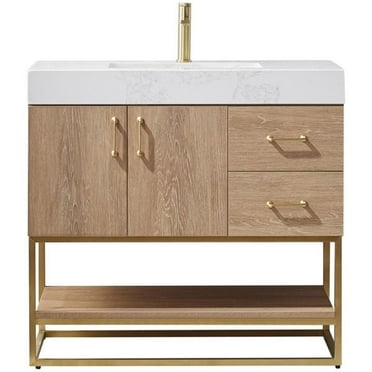 Pemberly Row Modern 36" White Grain Stone Top Single Vanity in Oak