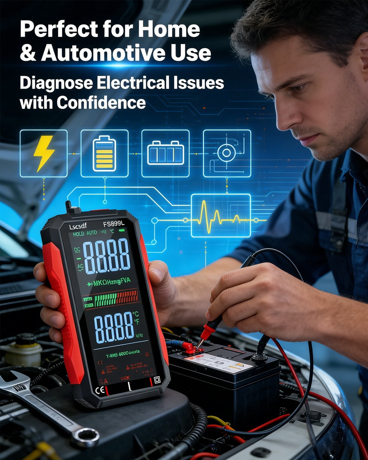USB Rechargeable Digital Multimeter, 6000 Counts True Rms Tester with Color Screen, Fs899l Auto-Ranging for Home/Industrial/Car Electrical Testing, Measures Voltage Current Resistance