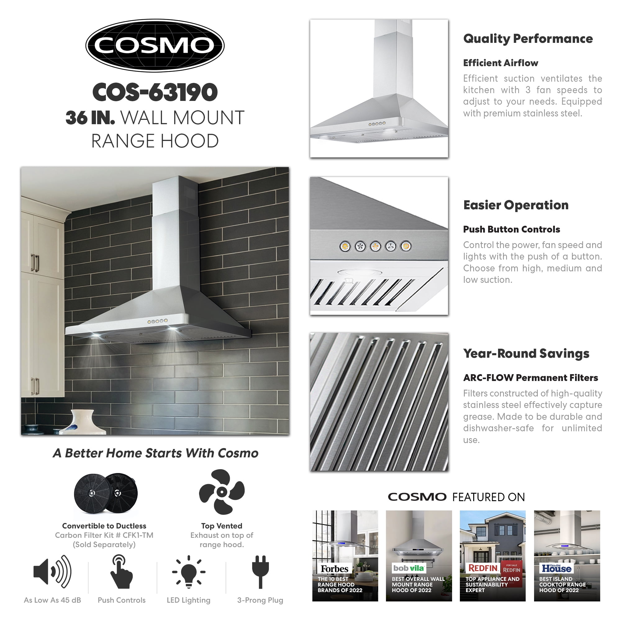 Cosmo 36 in. Ductless Wall Mount Range Hood in Stainless Steel with LED Lighting, Permanent Filters and Carbon Filter Kit