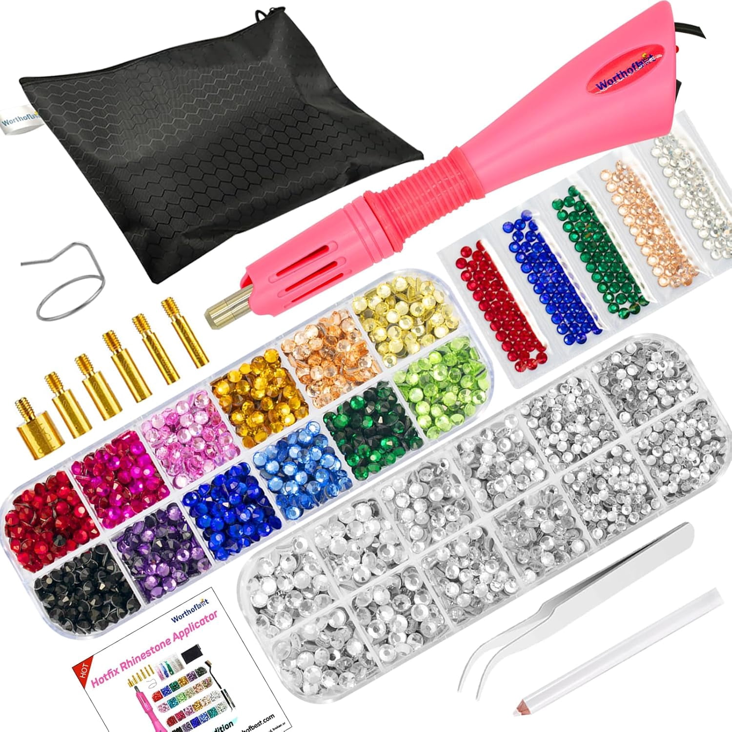 Hotfix Tool with 3400 Pcs Rhinestones for Blinging Clothes, Fabric, Clothing, Leather, Hot Fix Bedazzler Kit with 6 Redesigned Tips, Stand, Manual, Bag, Tweezers and Gem Picker