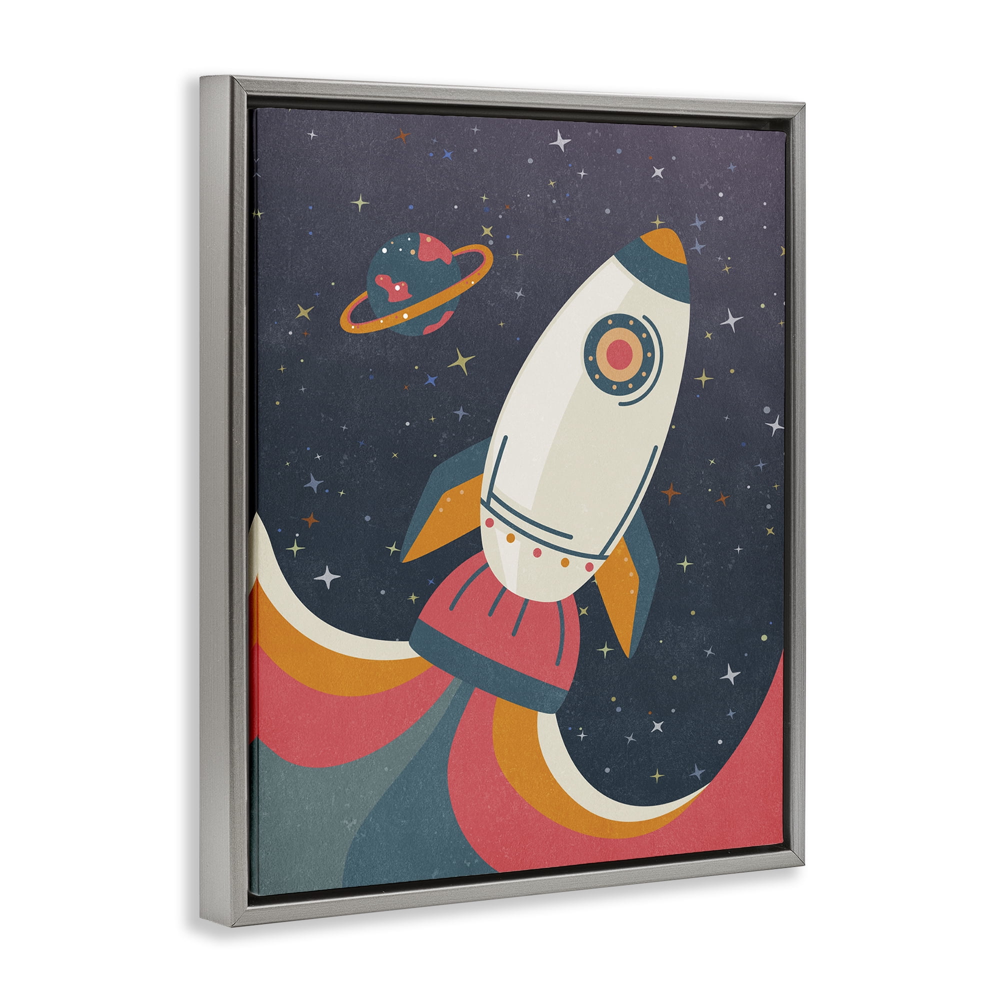 Stupell Industries Retro Space Rocket Astrology & Stars Painting Gray Floater Framed Canvas Art Print Wall Art, 25 x 31