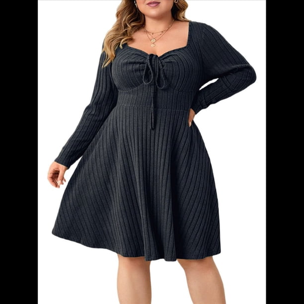 Vestido Casual de Mujer de Talla Grande con Cuello Cuadrado, Larga y Canalé. Gris Oscuro XXL