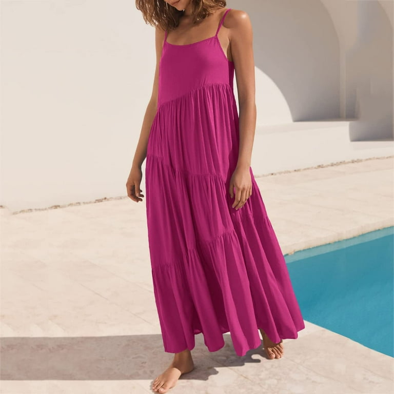 Puntoco Summer Dresses for Womens Summer Loose Dress Strap Beach Long Maxi  Summer Dresses for Women Hot Pink 8(L) - Walmart.com
