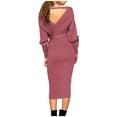 thumbnail image 2 of LowProfile Sweaters Dresses for Women Winter Fall Plus Size Long Sleeve V-Neck Knotted Bag Hip s Tie Waist Knitted Pencil Fashion Casual Sweater Dress Pink 3XL, 2 of 6