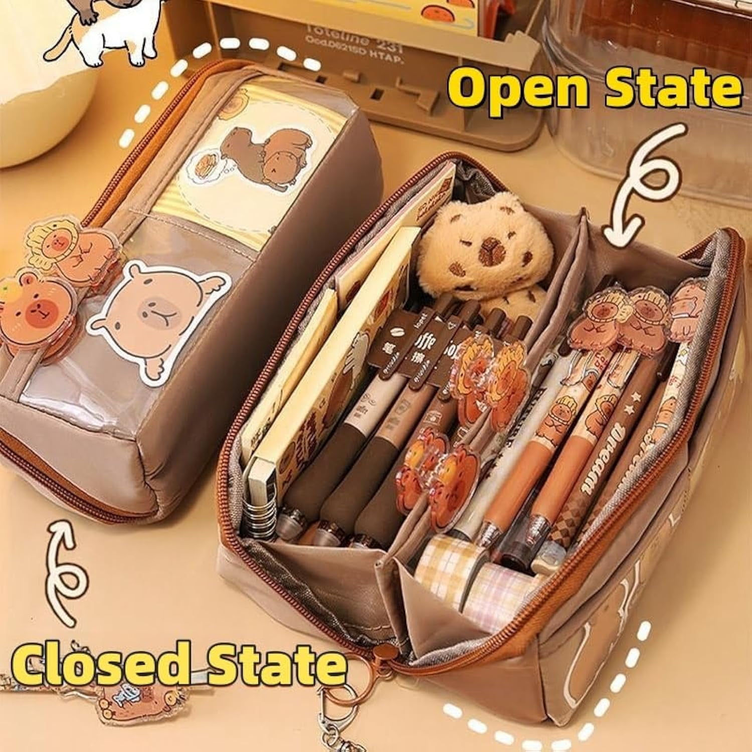 Adorable Capybara Pencil Case with 16PCS Cute Accessories, Kawaii Pen Pouch: Includes Pens, Capybara Plush Brooch, Keychain, Clips, Note, and Stickers