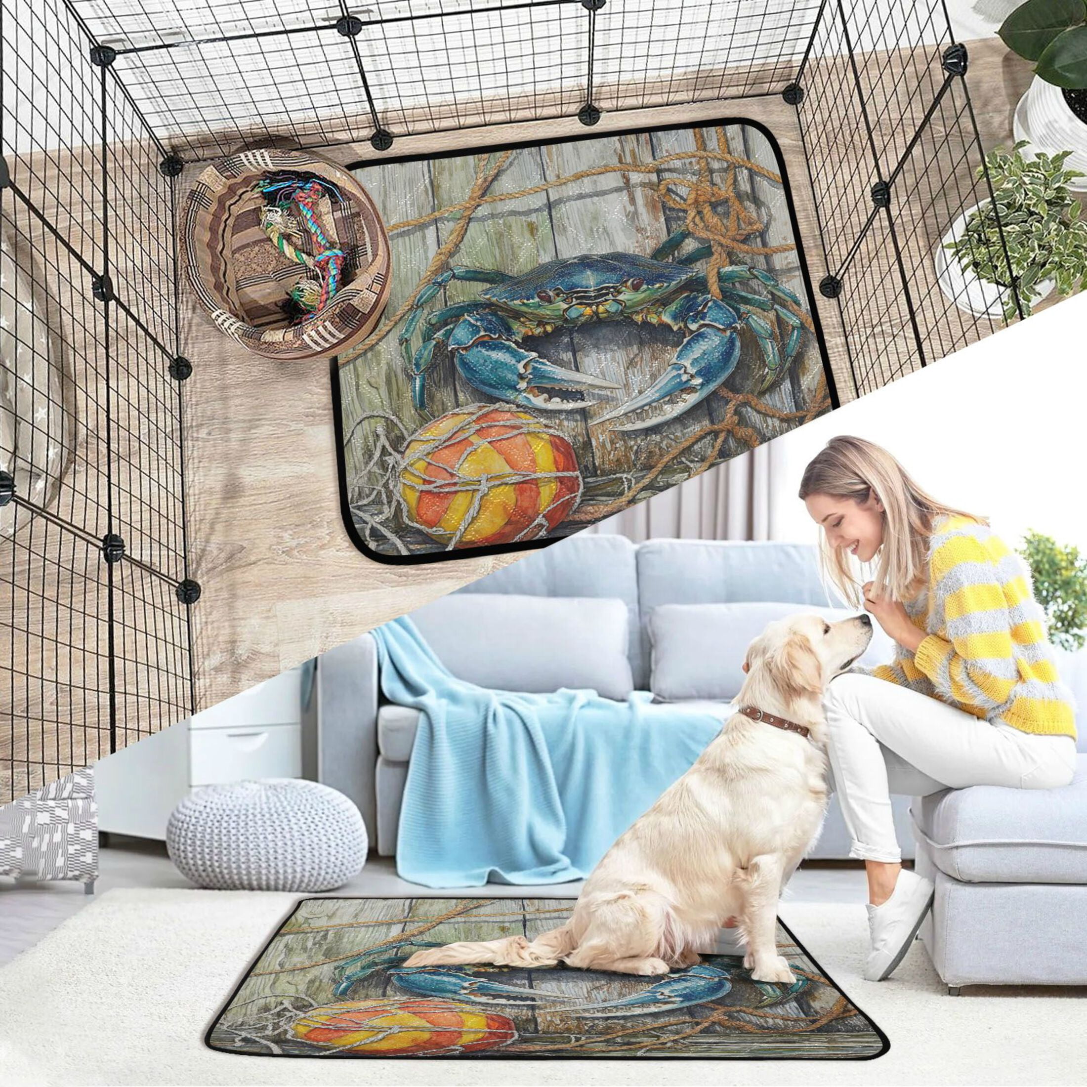 Qxltty Blue Crab Cat litter Pads Pet Set of 3 Diaper Mats Center Anti-leakage Layer Absorbent Soft and Comfortable