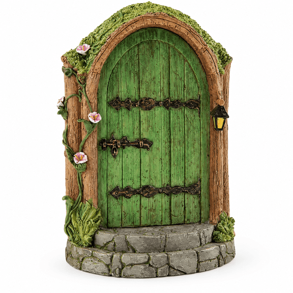 FURVENA Green Fairy Door Wooden Miniature Fairy Garden Doors Outdoor Mini Fairy Gnome House Accessories Tree Trunk Ornaments Garden Miniatures Fairy Doors Trees Outdoor Gnome Door Tree Trunk