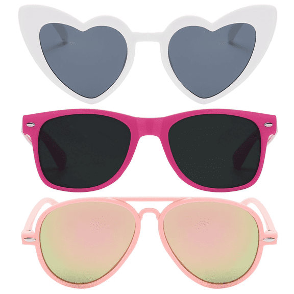 Owl Kid's Assorted 3 Pack Sunglasses – Cute White Smoke Heart, Hot Pink Retro, and Pink Mirror Aviator Styles for Toddlers and Kids | UV Protection, Durable and Stylish Sunglasses for Boys and Girls