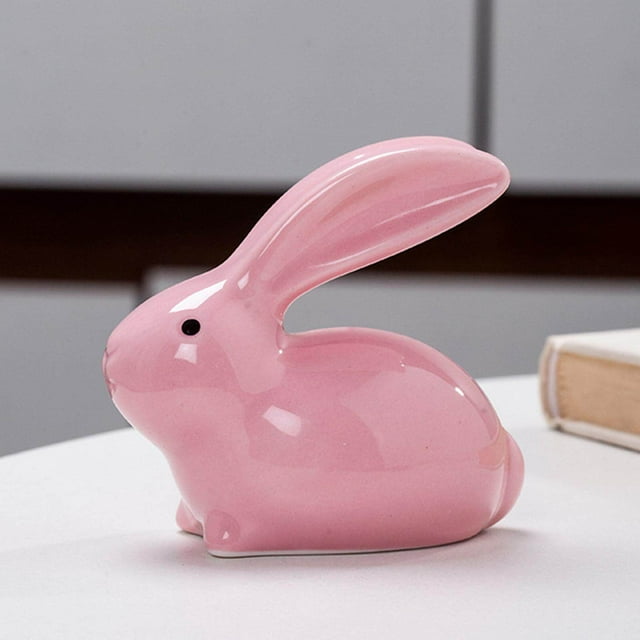 Baohd Miniature Ceramic Bunny Figurine Statues Animal Ornament for Decor Pink