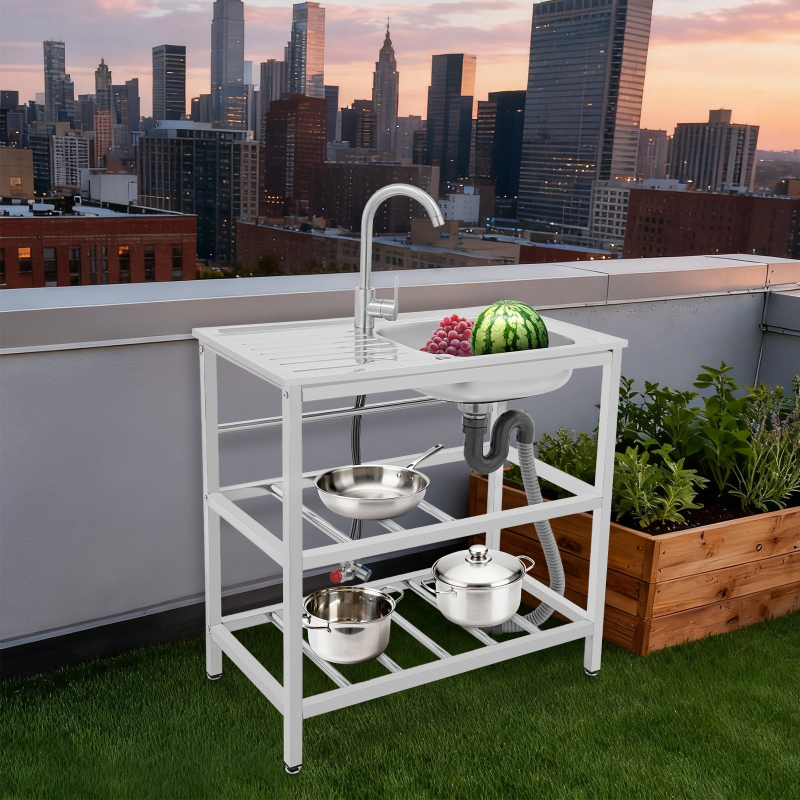 Vintoro Stainless Steel Sink with Faucet and Filter, Freestanding Outdoor Kitchen Utility Sink, 75*40*78cm