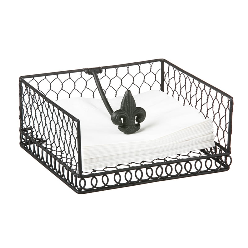 Metal Cocktail Napkin Holder, Black Fleur de Lis