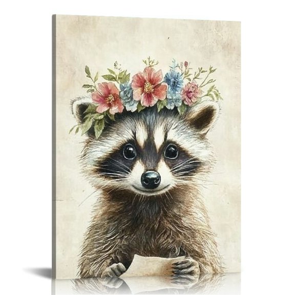 Autua Raccoon Flower Crown Canvas Art Print for Living Room Bedroom Office Wall Decor, Ready to Hang, High Resolution Image 12x16 in