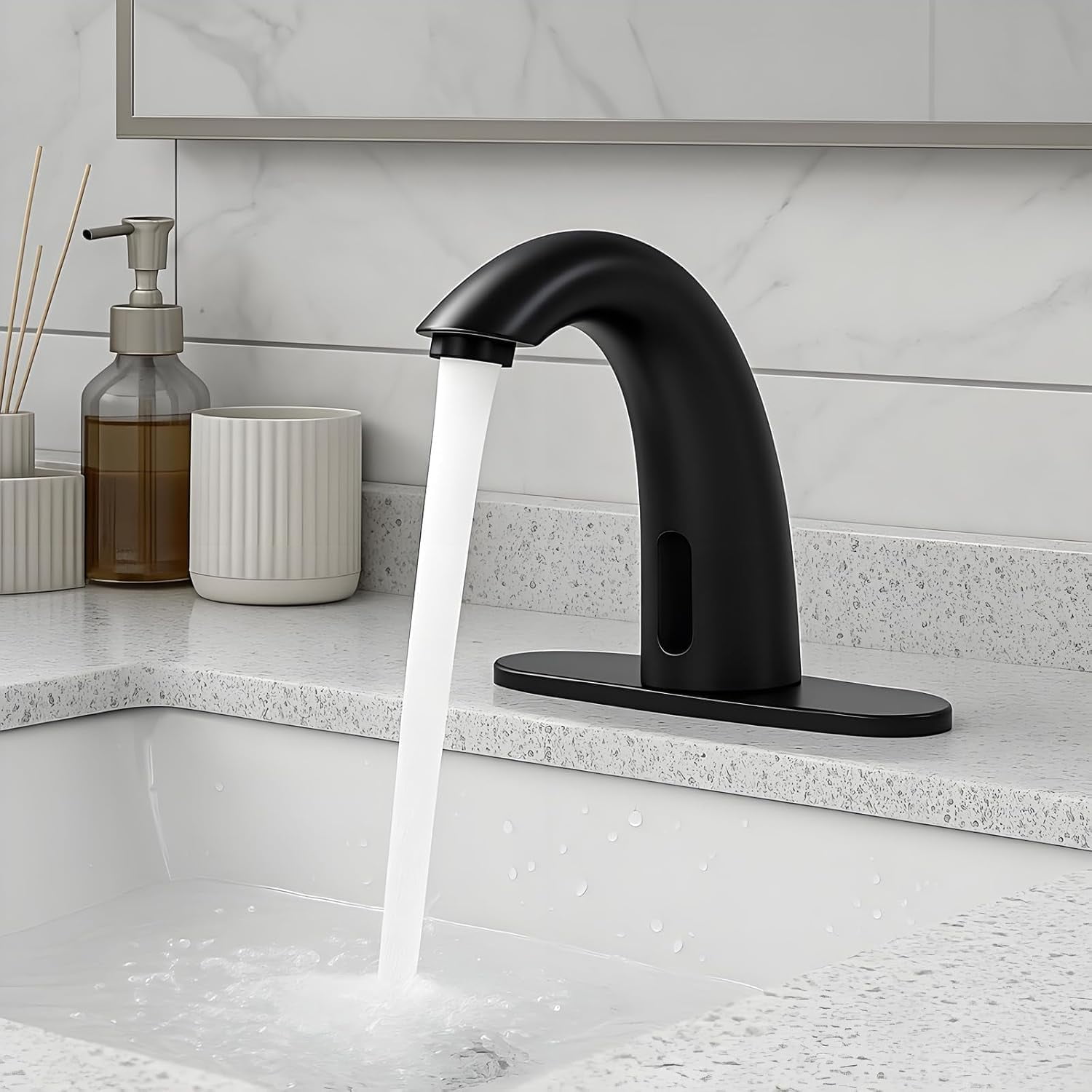 Touchless Bathroom Sink Faucet - Automatic Motion Sensor - Battery Operated for Commercial Lavotory Bathroom, Matte Black