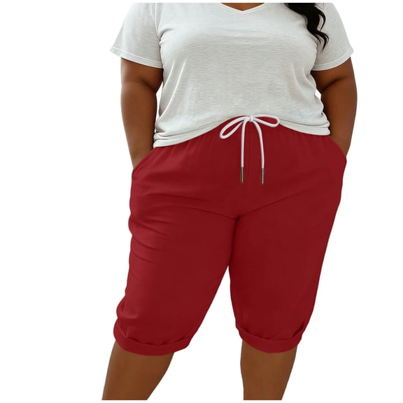 Dealovy Capri Pants for Women Plus Size Drawstring Mid Waisted Rolled Crop Pants Travel Casual Summer Vacation Pants