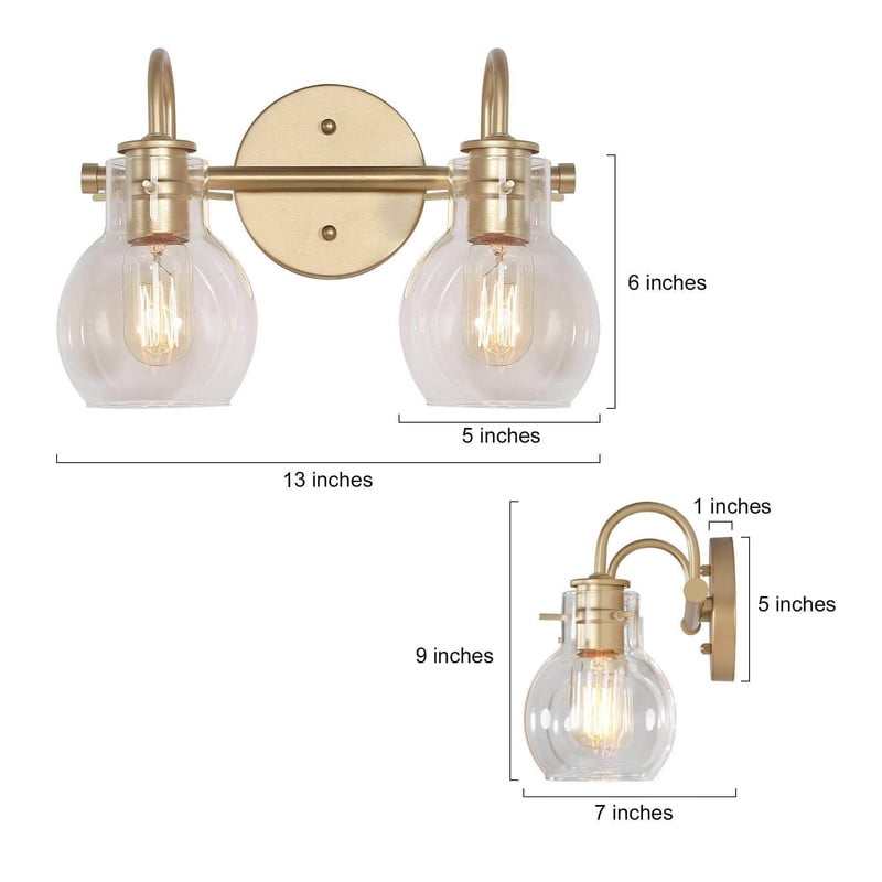 LNC 2-Light Gold Round Clear Glass Modern Bathroom Vanity Lighting Fixutre,13"Lx9"Hx7"D