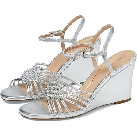 

Cole Haan Jitney Knot Silver Leather Ankle Strap Open Toe Wedge Heeled Sandals (Silver Leather 7)