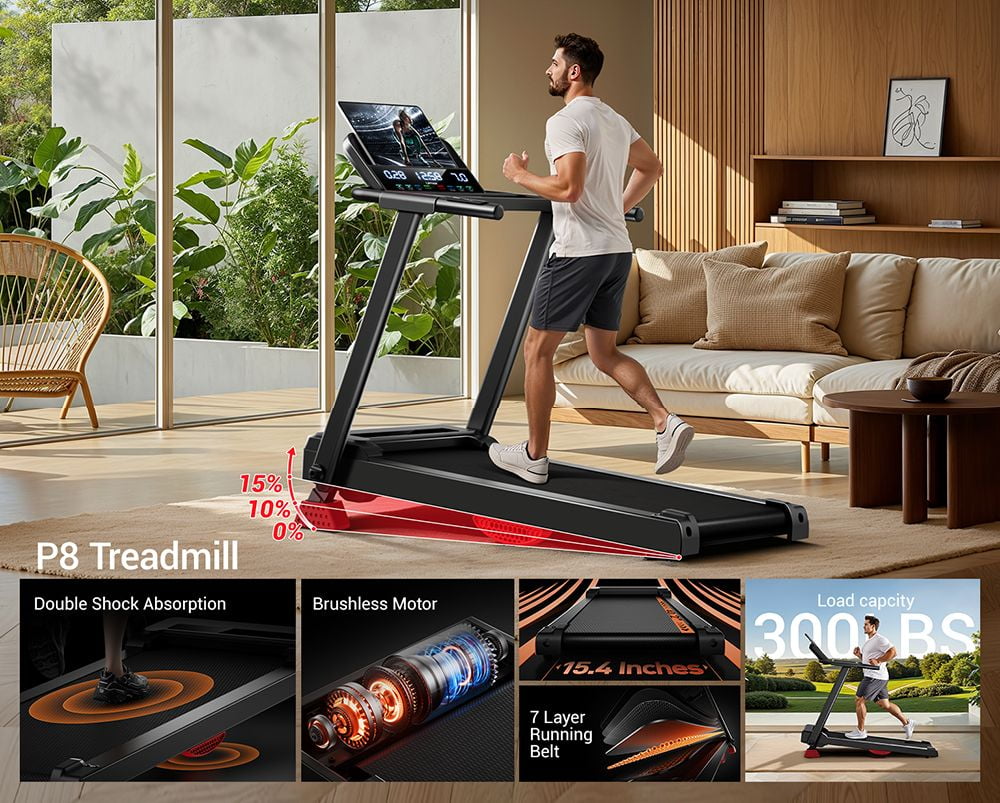 ROBORE P8 Folding Treadmill for Home, 2.5HP Brushless Motor, 8.7 MPH, Heart Rate Monitor, Bluetooth Speaker, 12 Preset Programs, 300 lbs Capacity, Compact Running Machine