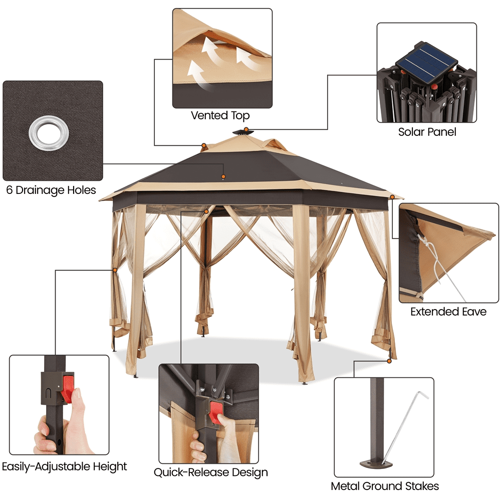 Alden design 13′*11′Hexagonal Pop-Up Gazebo W/ Mesh Netting Sides & 25 Solar LED Lights, Khaki/Brown