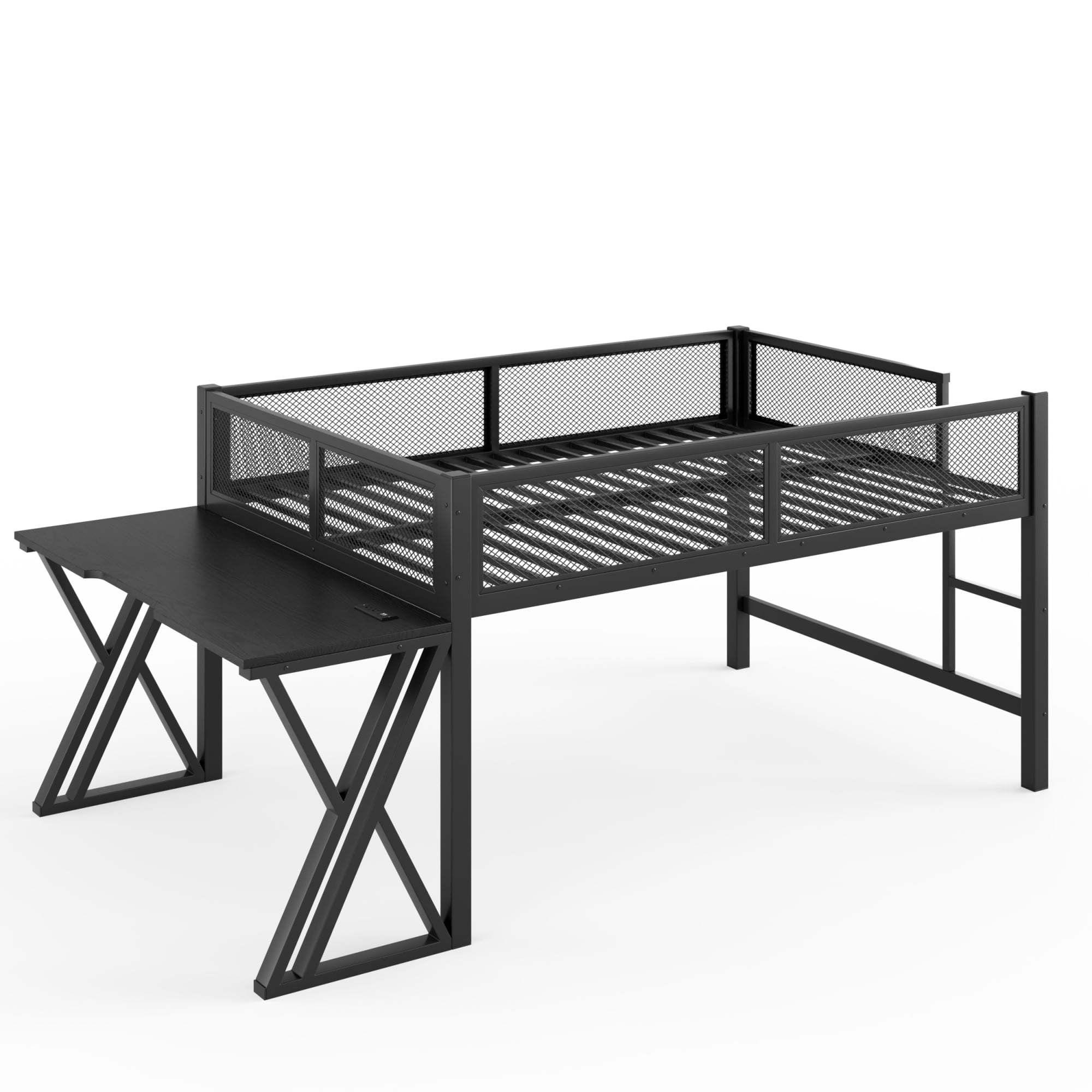 Leumius Full Size Loft Bed with Gaming Desk,Metal Loft Bed Frame with Full Length Guardrail,LED Lights and USB Ports,Space-Saving,Black