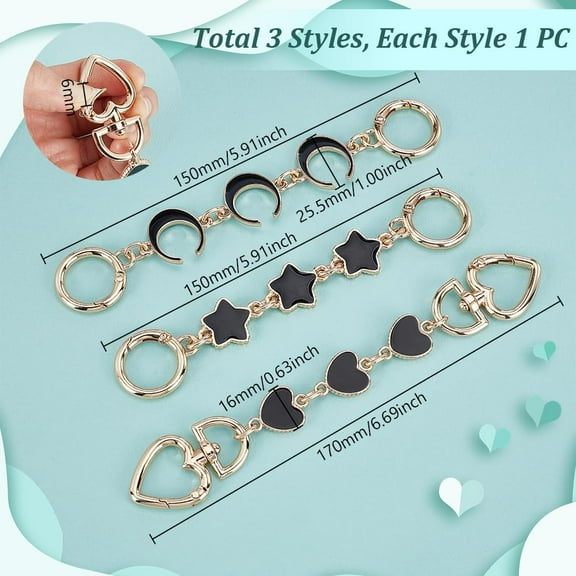 3Pcs 3 Styles Bag Extender Chain Moon Star Heart Purse Strap Extenders Enamel Link Bag Extension Chains for Handbags Purse Graduation Summer Gift Water Cup Chain