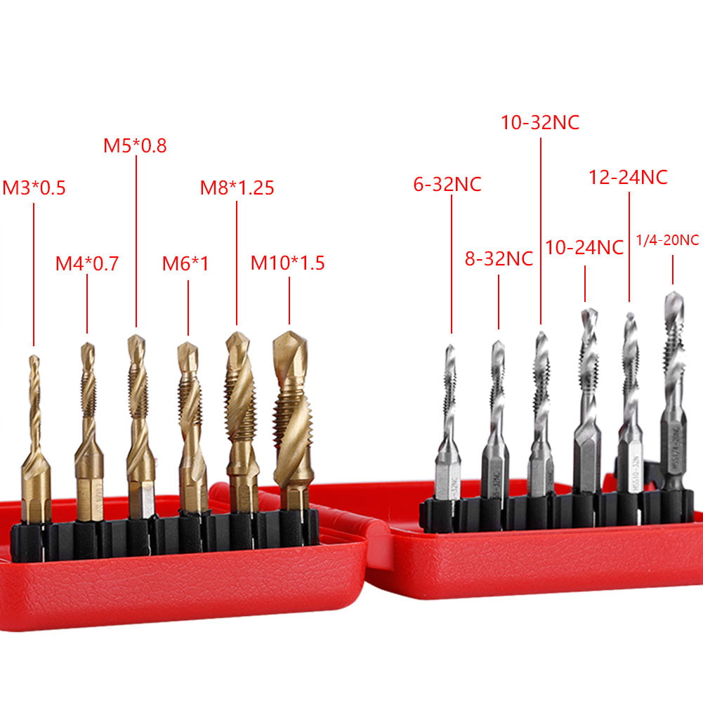 12 PCS Thread Tap,M3 M4 M5 M6 M8 M10 Hex Shank Titanium Plated HSS Screw Thread Metric & Inch Tap Drill Bits