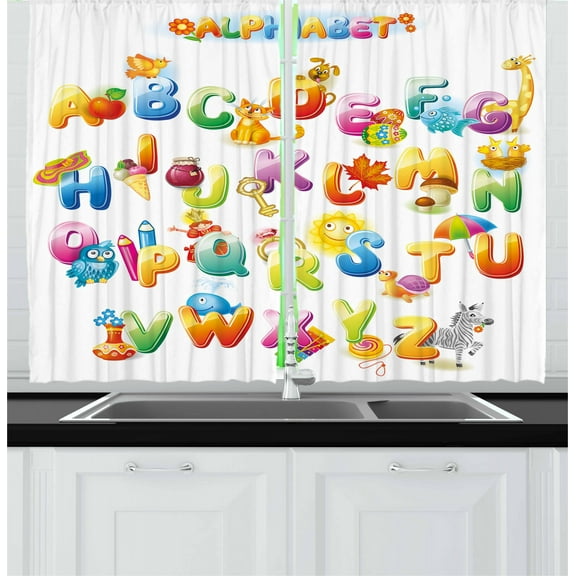 Ambesonne Science Kitchen Curtains, Cartoon Alphabet, 55"x45", Multicolor