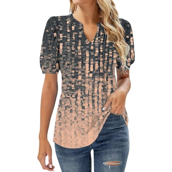 Womens Shirts Summer V Neck Tops Puff Short Sleeve T Shirt Pleated Floral Printed Tunic Blouse Shirts Womens Tops