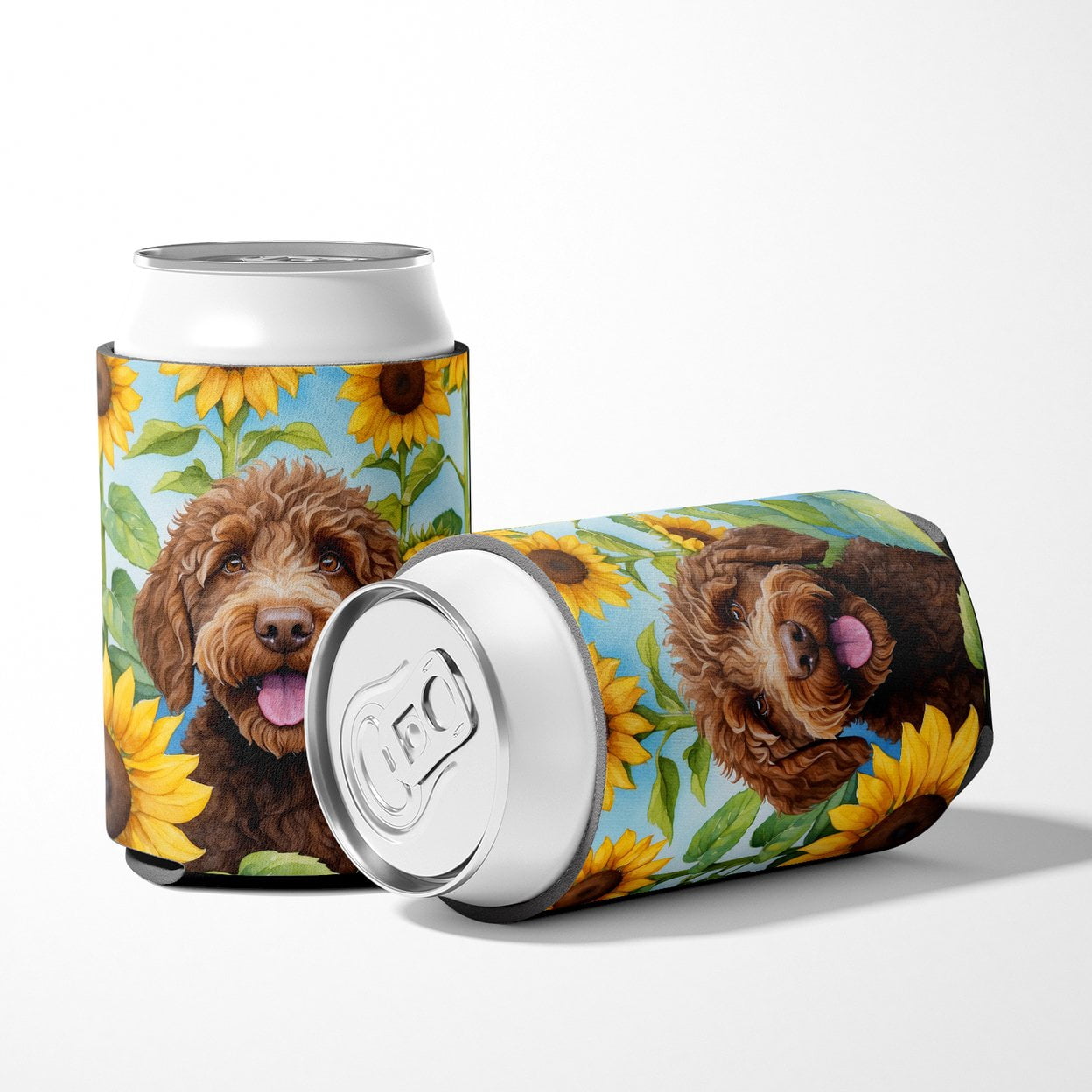 Labradoodle in Sunflowers Can or Bottle Hugger 3 in x 5 in