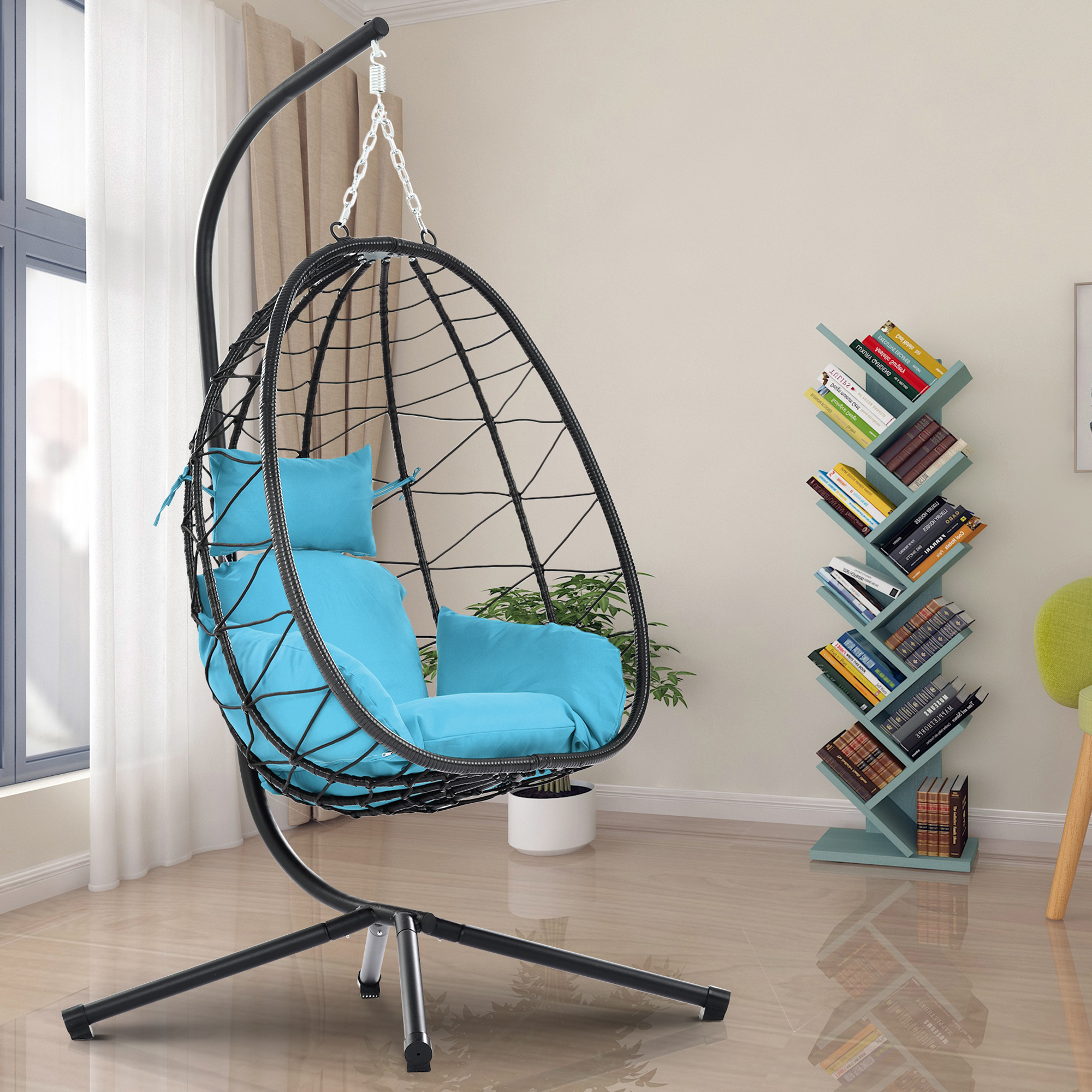 Egg Chair, Indoor Outdoor Patio Wicker Hanging Chair with Stand, Hanging Swing Chair w/ Cushion, Durable All-Weather UV Rattan Lounge Chair for Bedroom, Patio, Deck, Yard, Garden, 350lbs, Blue, SS1968 - image 3 of 9