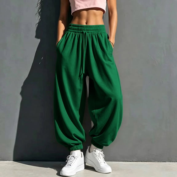 Bzdzmqm Women's Harem Pants Elastic Waist Flowy Lounge Pants Solid Loose Long Casual Streetwear Active Travel Trousers, Green L