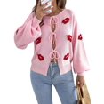 thumbnail image 3 of Women Jacquard Pattern Crew Neck Front Self Tie Cutout Lantern Long Sleeve Loose Knit Sweater Pink XL, 3 of 9