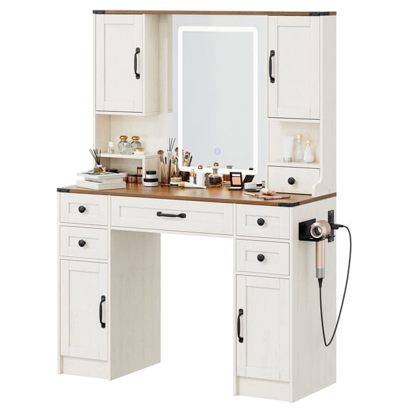 Mvvte Beige & Brown Makeup Vanity Desk with Mirror and Lights, Large Vanity Table Set with Power Outlet, Drawers & Shelves, Dressing Table with Jewelry Storage for Bedroom, Black Handles